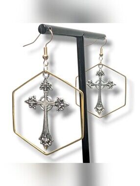 NWT Handmade Layered Silver Cross And Gold Hexagon Drop Earrings